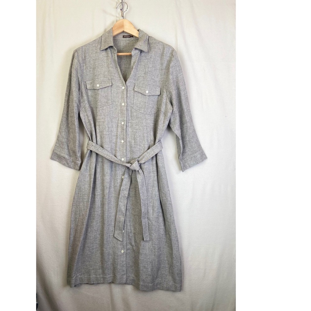 J.McLaughlin Gray Herringbone Belted Shirt Dress Womens Large Career Minimalist